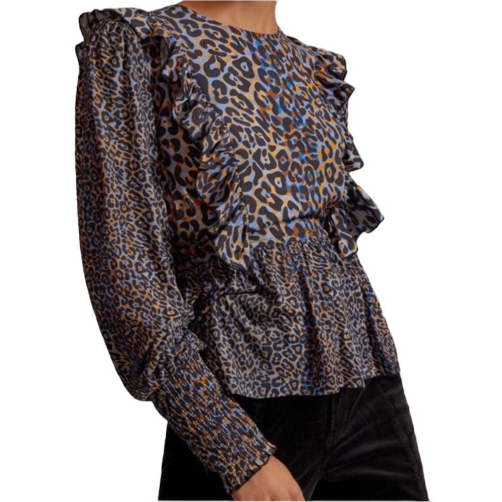 ANTHROPOLOGIE BL^NK LONDON Moira Boho Peplum Ruffled Leopard Print size M